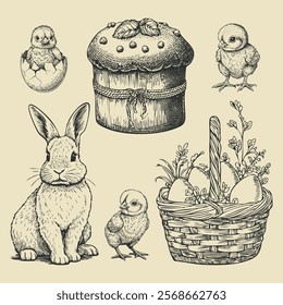 Collection of vector Easter illustrations. Set of rabbits, chickens, baskets, eggs, nest. Hand drawn ink sketches isolated on white. Elements for Easter holiday design, card, poster, print, wrapping