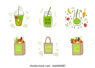 Collection of vector eco, bio green logo or sign. Vegan, raw, healthy food badge, tag for cafe, restaurants, products packaging. Hand drawn leaves, branches with lettering. Organic design.