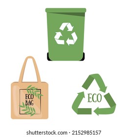 Collection of vector eco drawings. Fabric bag. Container for biodegradable waste. Colored flat illustration.