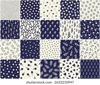Collection of vector elegant floral seamless patterns. Drawing repeatable spring nature beautiful fabric backgrounds with branches, leaves and flowers. Blue and beige design. Textile endless prints