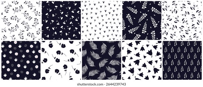 Collection of vector elegant floral seamless patterns. Drawing repeatable spring nature beautiful fabric backgrounds with branches, leaves and flowers. Blue and white design. Textile endless prints