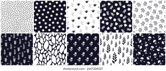 Collection of vector elegant floral seamless patterns. Drawing repeatable spring nature beautiful fabric backgrounds with branches, leaves and flowers. Blue and white design. Textile endless prints