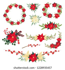 Collection of vector elements for Christmas design. Wreath, border, corner, bouquets. Poinsettia, berries, leaves, branches. All elements are isolated.
