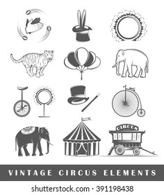 Collection vector elements for design circus. Design elements. Circus icons isolated on white background. Elements of circus for logo design. Vector illustration