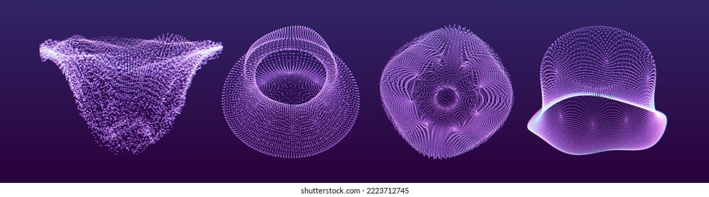 Collection of vector elements in futuristic sci-fi style. Grid design. Abstract form consisting of small particles. Objects with dots. Can be used for for science, medicine, education. 