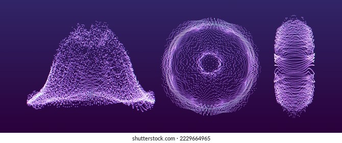 Collection of vector elements in futuristic sci-fi style. Grid design. Abstract form consisting of small particles. Objects with dots. Can be used for for science, medicine, education. 