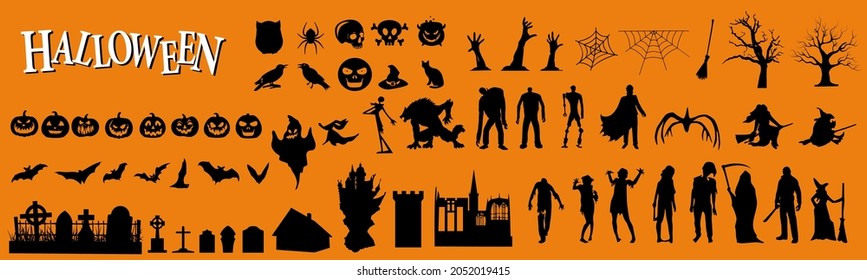 Collection of vector elements for Halloween Party Celebration. Set of graphics for flyers, posters, banners. Silhouettes of witches, monsters, pumpkins and other stranger and spooky things.