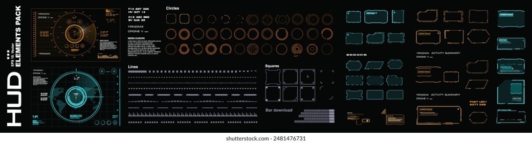 Collection vector elements for HUD user interface. Futuristic set complex GUIUI elements. Radars, frames, dialog boxes with information. Modern set of vector HUD elements