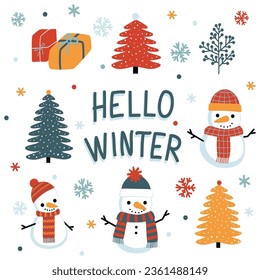 A collection of vector elements and lettering Hello winter, funny snowmen, silhouettes of fir trees, gifts, snow and snowflakes in a simple decorative cartoon style on a white background.