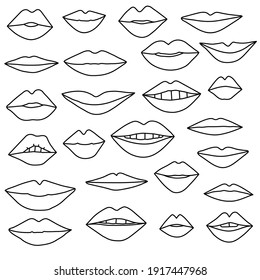 Collection of vector elements. Lips set. Variety of smiles and expressions. Line drawings for illustrations, art, characters, icons, signs etc. Individually isolated on white background.  