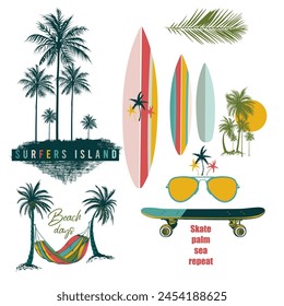 Collection of vector elements palm trees, skateboard,sunglasses and surfboards