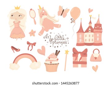 Collection of vector elements - princess, cupcake, castle, rainbow, box, butterfly. Cute illustration can be used for girl's room decoration, scrapbooking,t-shirt prints