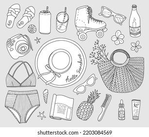 Collection of vector elements for summer beach holiday. Hello summer. Swimsuit, wide-brimmed hat, drinks, bottled water, roller skates, camera, wicker bag with wild flowers, sunglasses, pineapple.