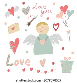 Collection of vector elements for Valentine's Day . Cute angel illustration, different hearts, present, love. Pastel colors. 