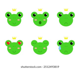 Collection of vector emotions of green frogs kings 