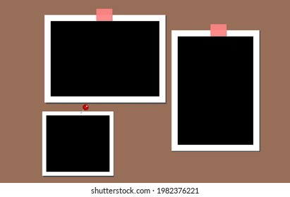 Vector de colección de cuadros de fotos en negro vacíos para guardar en la memoria en la pared marrón. Conjunto aislado de plantillas de imágenes retro realistas. Las cintas y el pin están pegados al concepto del álbum.