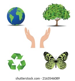 Collection of vector environmental illustrations on the theme of saving the planet for a banner, social poster, postcard.