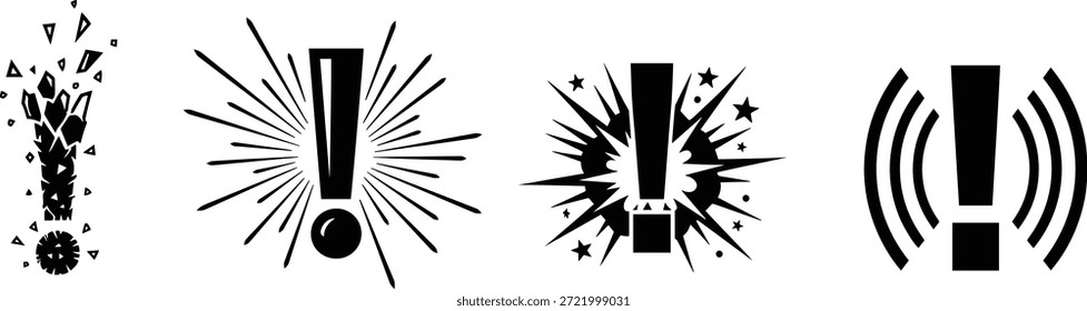 Una colección de signos de exclamación de Vector en silueta con varios Elementos de diseño explosivos, ideal para agregar énfasis