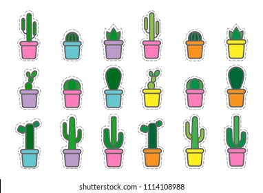 collection of vector exotic plants, cactuses and suculents in pots sticker and patches. Set of colored icons