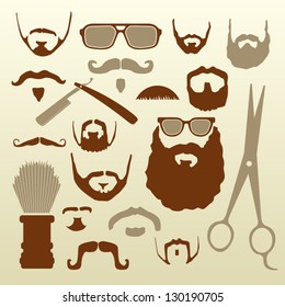 A collection of vector facial hair icons, barber tools, and hipster glasses.