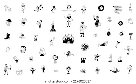 
Collection of vector fairy tale elements, icons and symbols , hand drawn doodle set 