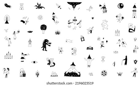 
Collection of vector fairy tale elements, icons and symbols , hand drawn doodle set 
