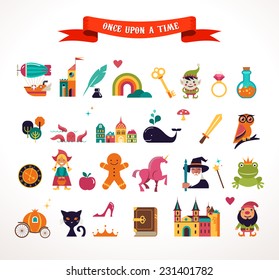 Collection of vector fairy tale elements, icons and illustrations