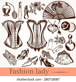 Collection of vector fashion lady set accessories clothiers and cosmetic