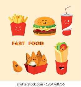 Collection of vector fast food icons in red packaging. Cheerful faces. Not healthy, but delicious food.