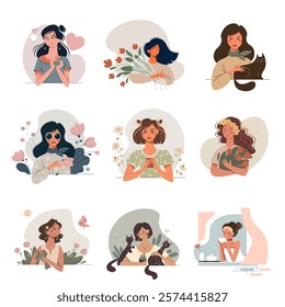 Collection of vector female portraits. Avatars for social network with cute cartoon girls. Beautiful women with a flowers and pets. People enjoy life and summer. Stylish persons.