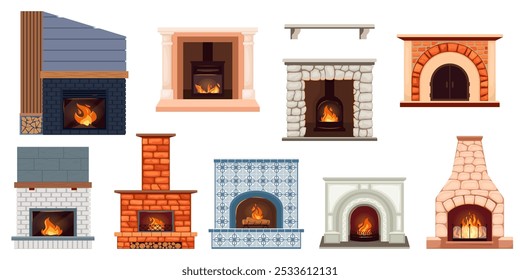 Collection of vector fireplace Cozy winter bonfire, burning flame blazing inviting warm fire Red brick, iron carved grate, decorated with tiles firewood Design elements for interior relaxation concept