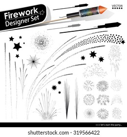 Collection of Vector Firework Rocket Explosion Effects - Set of Blasting Pyrotechnics. Black Shapes and Silhouettes. New Years Eve Design Template.