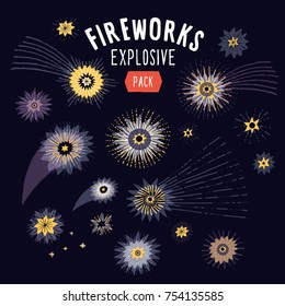 Collection of vector firework - sun burst illustration. Variety of stars, explosions and flares.