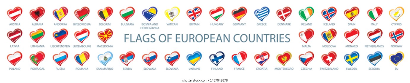 Collection of vector flags of Europe in the form of hearts