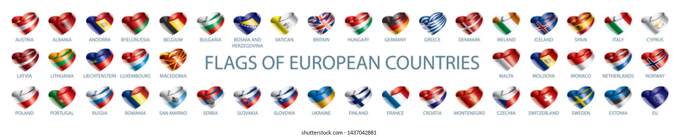 Sammlung von Vektorfahnen von Europa in Form von Herzen
