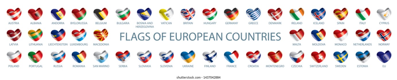 Collection of vector flags of Europe in the form of hearts