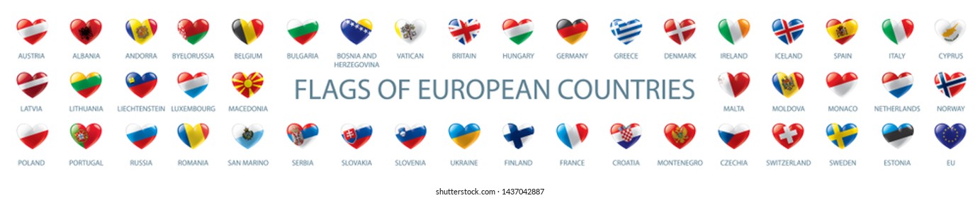 Collection of vector flags of Europe in the form of hearts