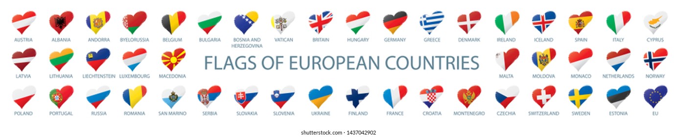 Collection of vector flags of Europe in the form of hearts