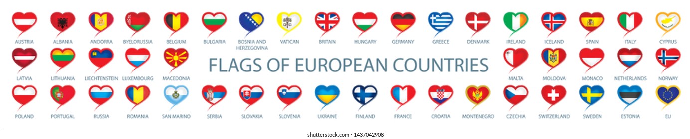 Collection of vector flags of Europe in the form of hearts