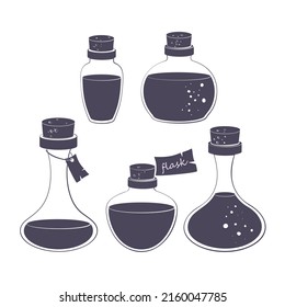 Collection of vector flask silhouettes on white background.