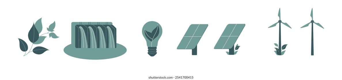 Collection of vector flat art elements representing sustainable energy and eco-friendly concepts. Illustrations of leaves, a hydroelectric dam, a light bulb, solar panels, and wind turbines.