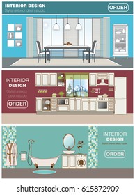 Collection of vector flat banners with colorful interior design house rooms and furniture icons: dining-room, bathroom, kitchen. Flat style vector illustration.