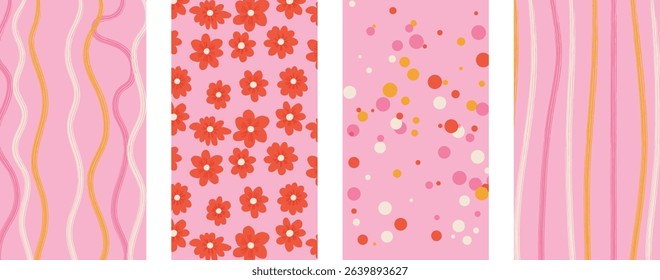 Collection of vector flat cartoon style cute design cover templates for social media stories in pastel pink colors. Minimalistic feminine illustrations of simple groovy backgrounds