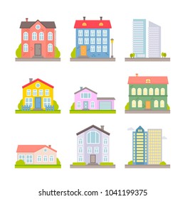 Colección de casas rurales y urbanas llanas vectoriales para diseño web e ilustración