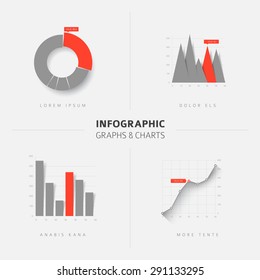 Collection of vector flat design infographics statistics charts and graphs - gray and red version