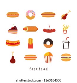 Collection of vector flat fast food icons isolated on white background