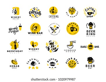 Collection of vector flat food and alcohol logo set isolated on white background. Hand drawn food elements, dish icons. Good for restaurant, cafe, catering bars & fast food insignia banners, symbols.