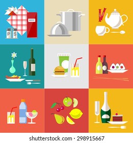 Collection of vector flat food and dish icons. Restaurant elements icons. Food and alcohol illustration. 