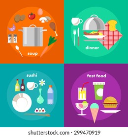 Collection of vector flat food and dish icons. Restaurant elements icons. Food and alcohol illustration. 