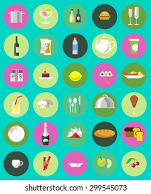 Collection of vector flat food and dish icons. Restaurant elements icons. Food and alcohol illustration. 